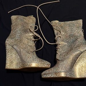 Reed Krakoff Gold Textured Lace-Up Wedges